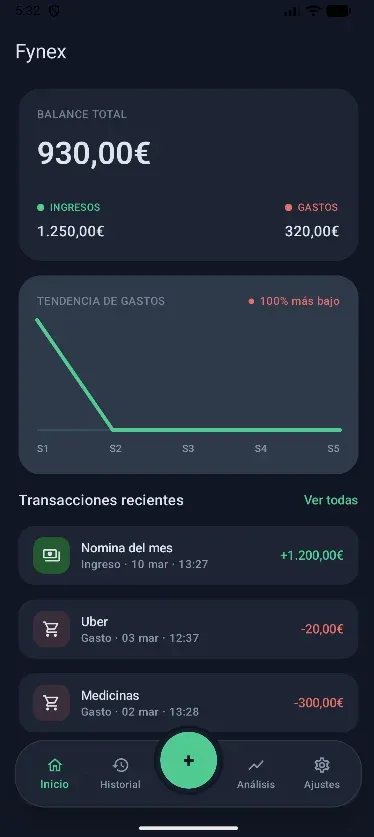 Pantalla de inicio de Fynex con el saldo y los últimos movimientos.