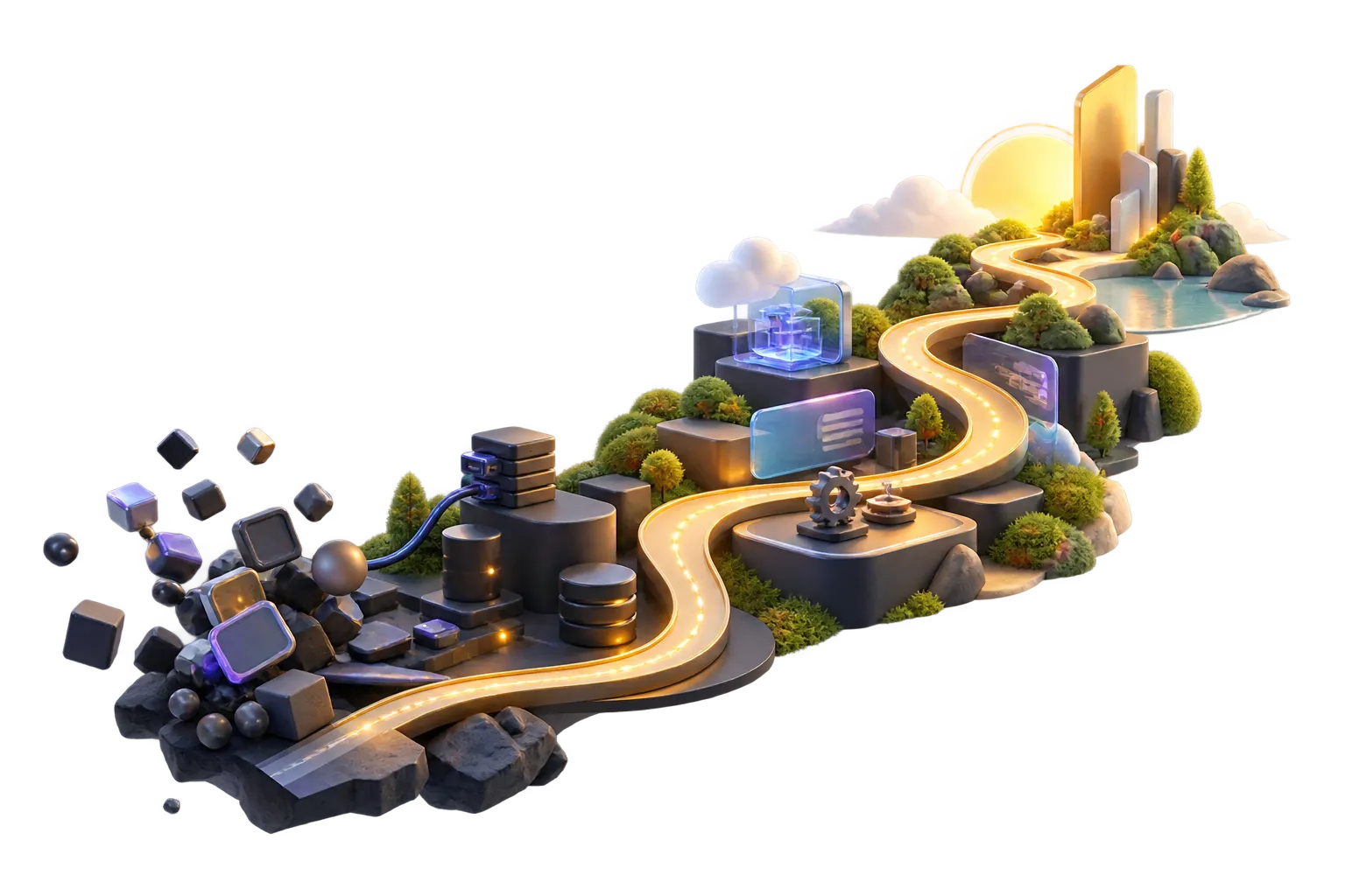 A luminous path turning technological complexity into a clear direction