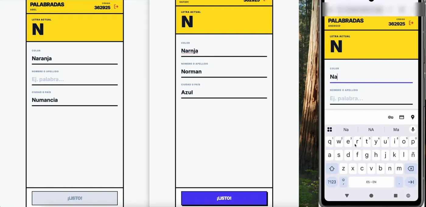 Una ronda de Palabradas con la letra N en tres pantallas a la vez: Chrome, Safari y un emulador de Android.