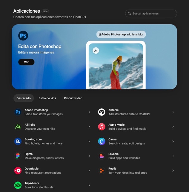 Pantallazo de la App Store de ChatGPT mostrando conectores para distintas aplicaciones populares