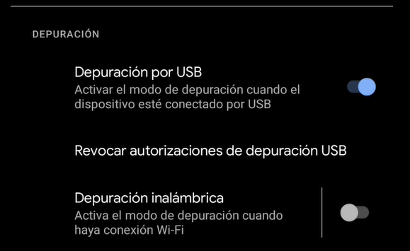 Sección Depuración de las opciones de desarrollador con Depuración por USB activada