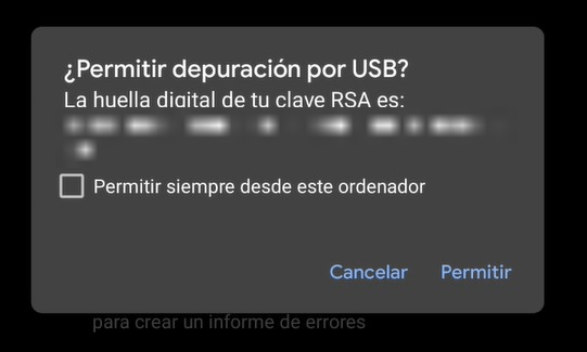 Diálogo Permitir depuración por USB con la huella de la clave RSA y la casilla Permitir siempre