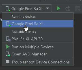 Desplegable de dispositivos de Android Studio con el Google Pixel 3a XL conectado seleccionado