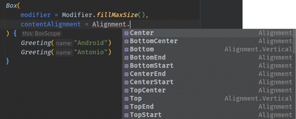 Uso de Alignment en el Composable Box