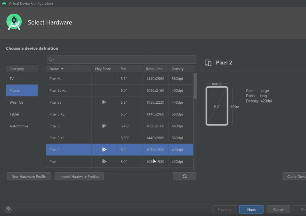 Elegir el tipo de emulador de Android