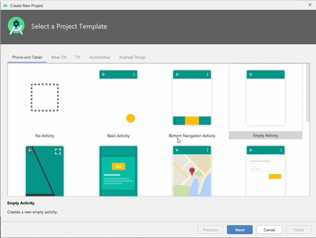 Elegir plantilla para nuevo proyecto en Android Studio