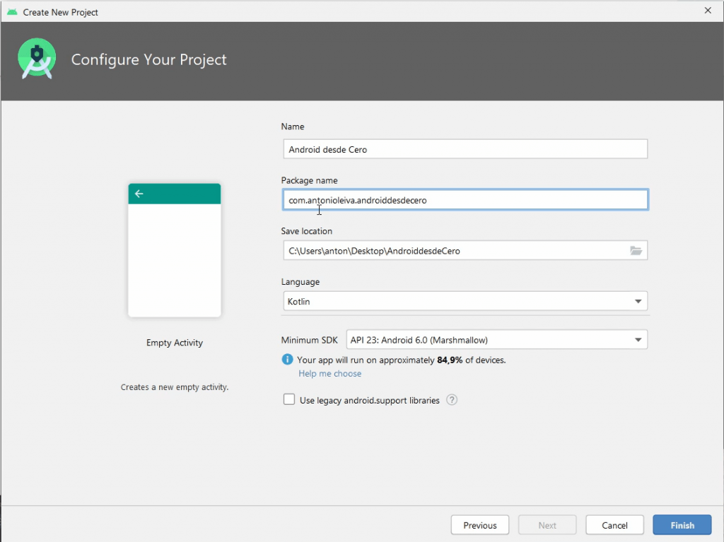 Configurar nuevo proyecto en Android Studio