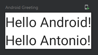 Preview de una Column con Hello Android! y Hello Antonio! uno debajo del otro
