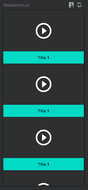 Preview MediaItemList: LazyColumn con varios MediaItem iguales, icono de play y franja turquesa Title 1