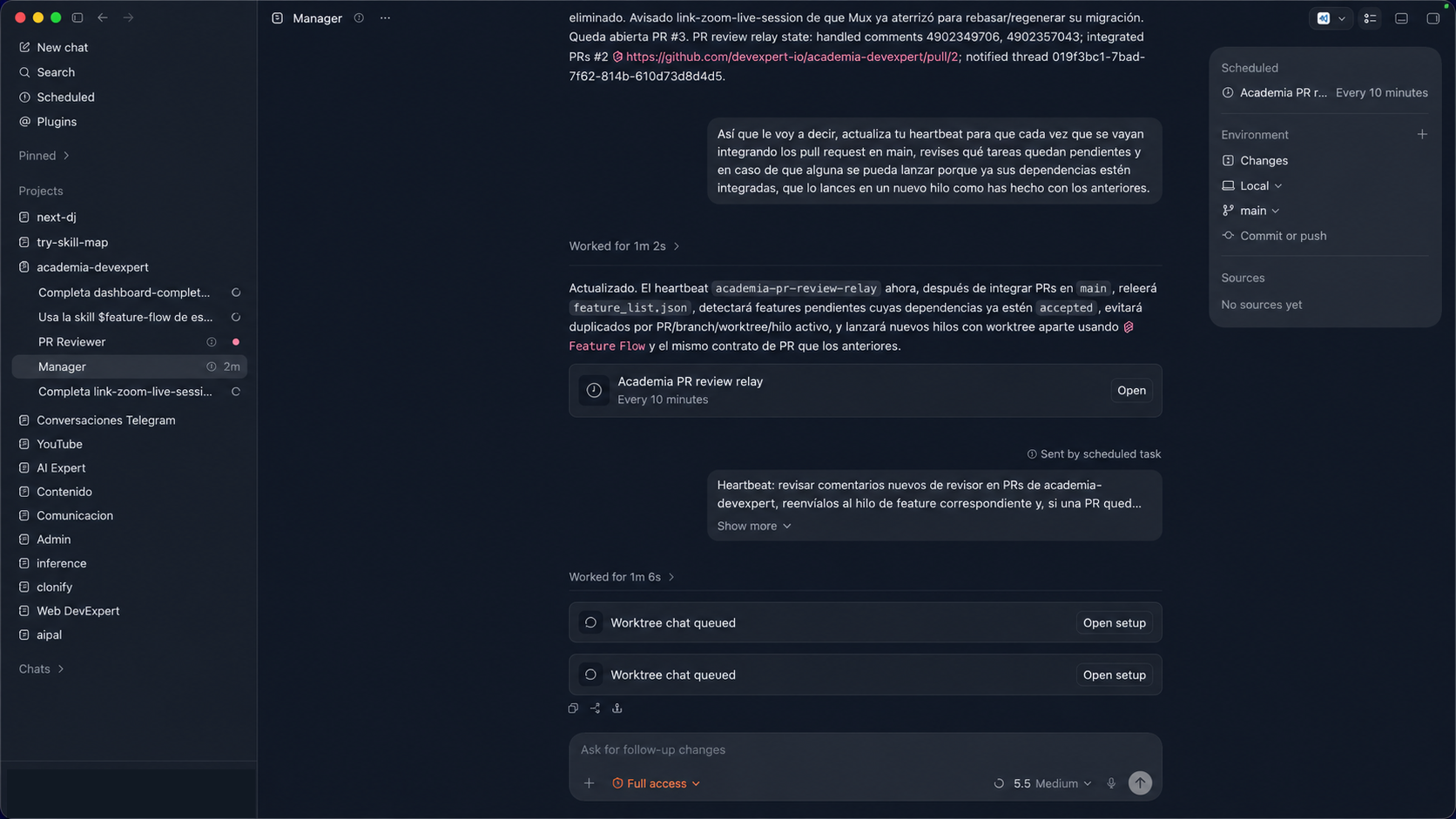 Manager coordinando hilos de trabajo en Codex
