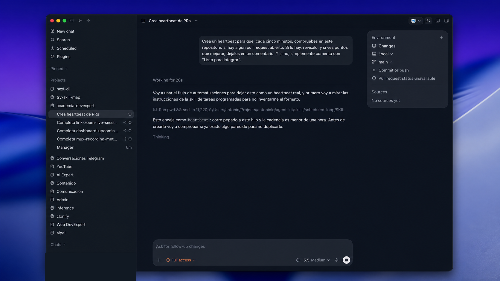 Codex ejecutando un revisor automático de Pull Requests