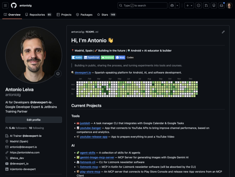Perfil de GitHub tras la reorganización