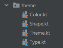 Paquete theme del proyecto con los archivos Color.kt, Shape.kt, Theme.kt y Type.kt