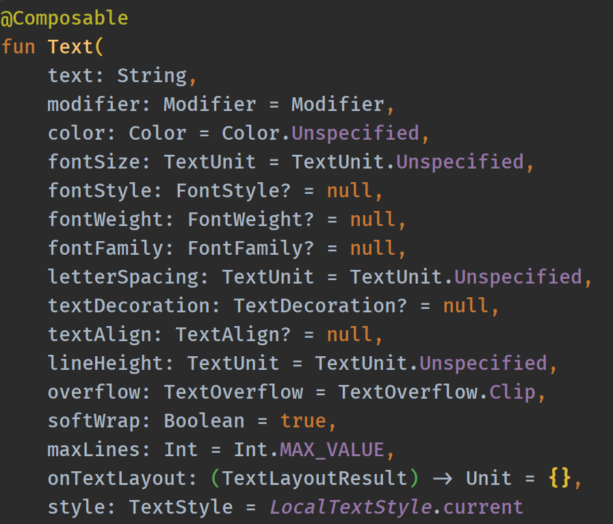 Firma de la función Text con sus parámetros: color, fontSize, fontStyle, fontWeight, maxLines, style y más
