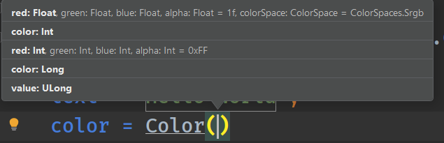 Autocompletado de Android Studio con los constructores de Color: Float RGBA, Int, Int RGBA, Long y ULong